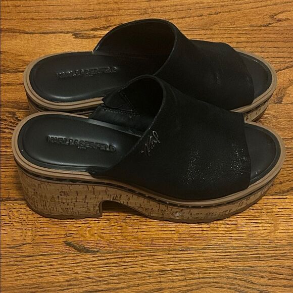Karl Lagerfeld Black Leather Cork Mules - Picture 2 of 7